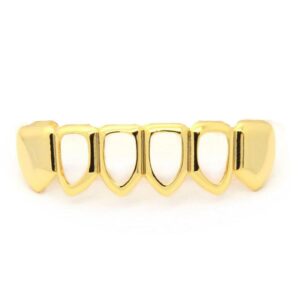 jinao bottom grillz rapper costume fit 18k gold plated four open face bottom grills for your teeth for women men christmas gift (bottom))