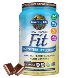 garden of life raw organic fit vegan protein powder chocolate, 28g plant based protein for weight management, pea protein fiber probiotics, dairy free nutritional shake for women and men, 20 servings