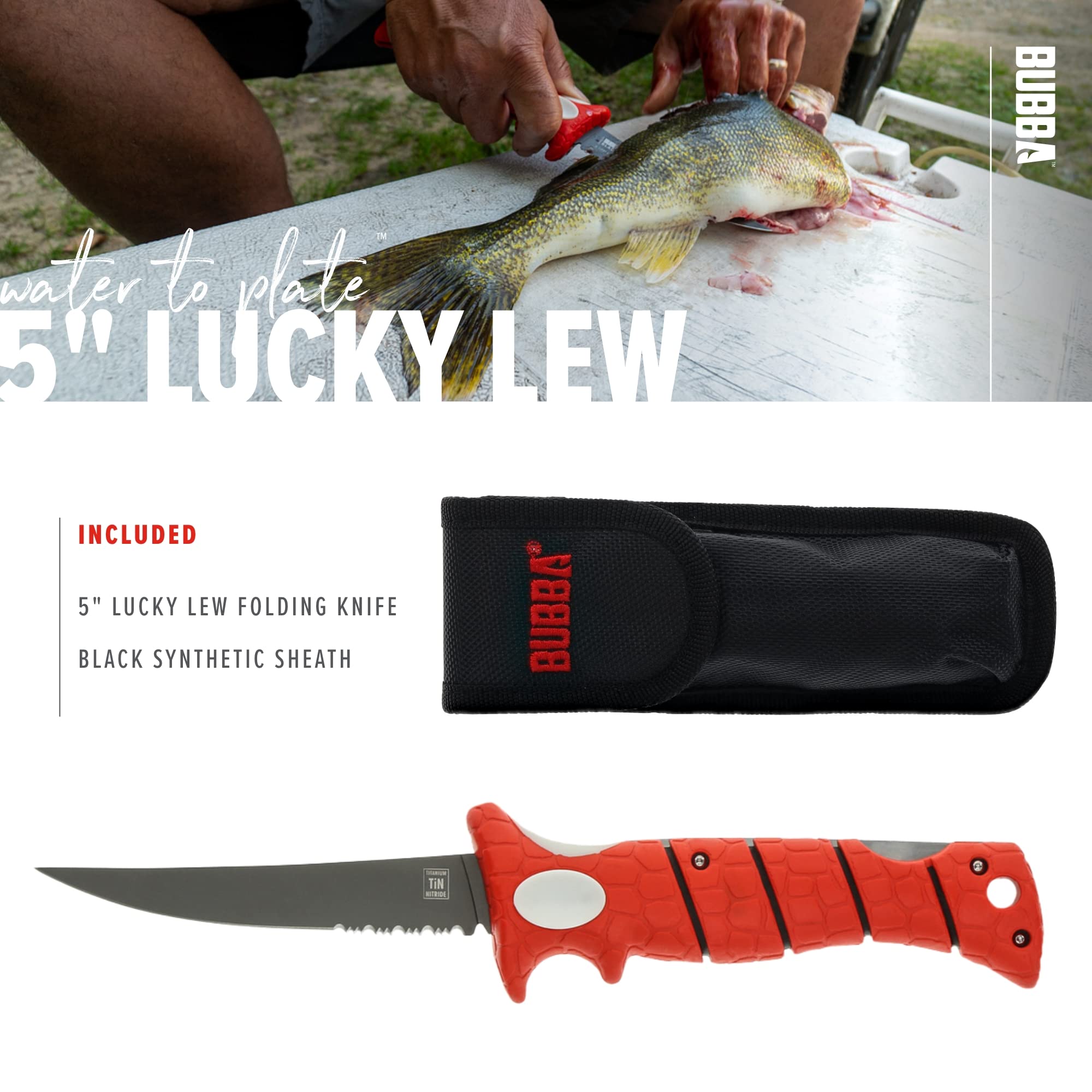 BUBBA 5 Inch Lucky Lew Folding Compact Fillet Knife with Non-Slip Grip Handle, Stainless Steel Blade, Lanyard Hole and Synthetic Carry Case for Gutting, Fishing and Hunting