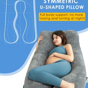 QUEEN ROSE Pregnancy Pillows, U Shaped Full Body Pillow for Sleeping Support, 55 Inch Maternity Pillow for Pregnant Women with Removable Velvet Cover, Grey