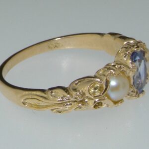 LetsBuyGold 10k Yellow Gold Natural Sapphire & Cultured Pearl Womens Promise Ring - Size 5.5