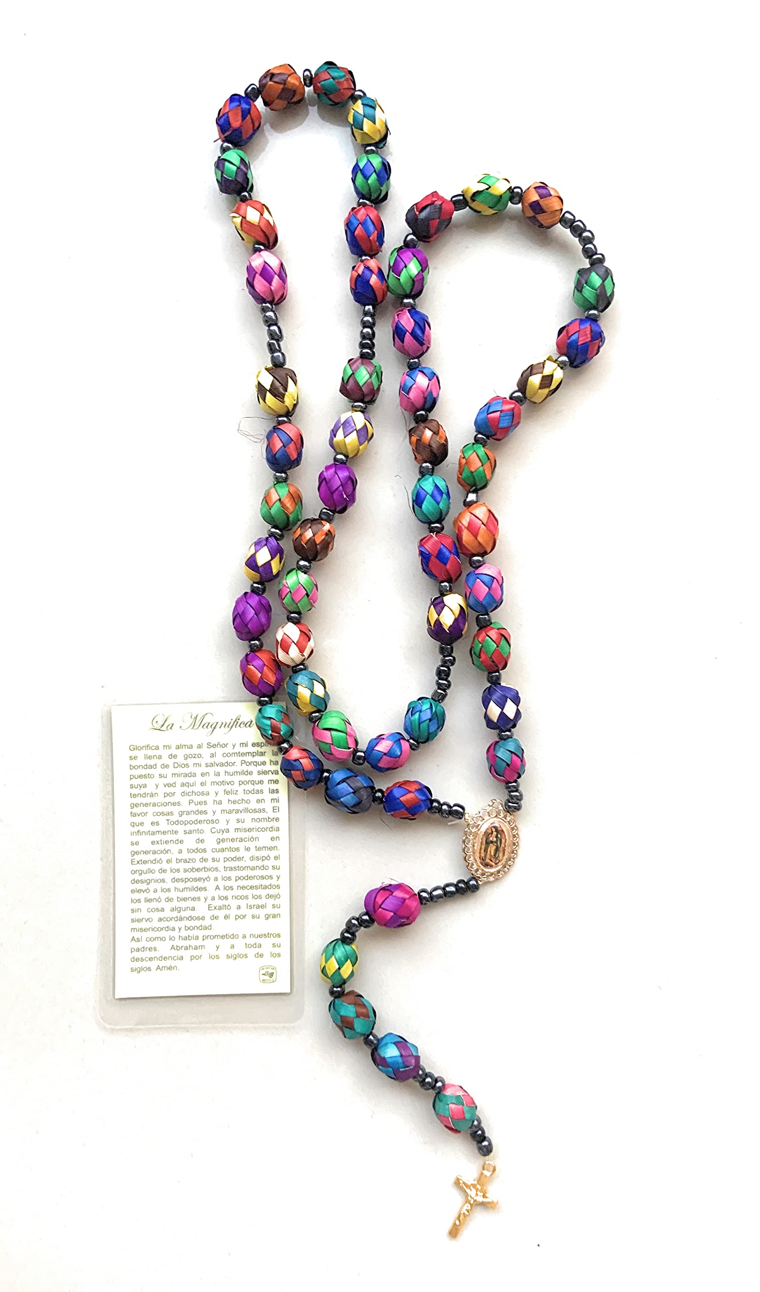 Handmade our lady of Guadalupe (image charm) colored palm rosary with christian catholic prayer in spanish long necklace rosario de palma con dije de imagen de virgen de Guadalupe religious jewelry