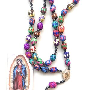 Handmade our lady of Guadalupe (image charm) colored palm rosary with christian catholic prayer in spanish long necklace rosario de palma con dije de imagen de virgen de Guadalupe religious jewelry