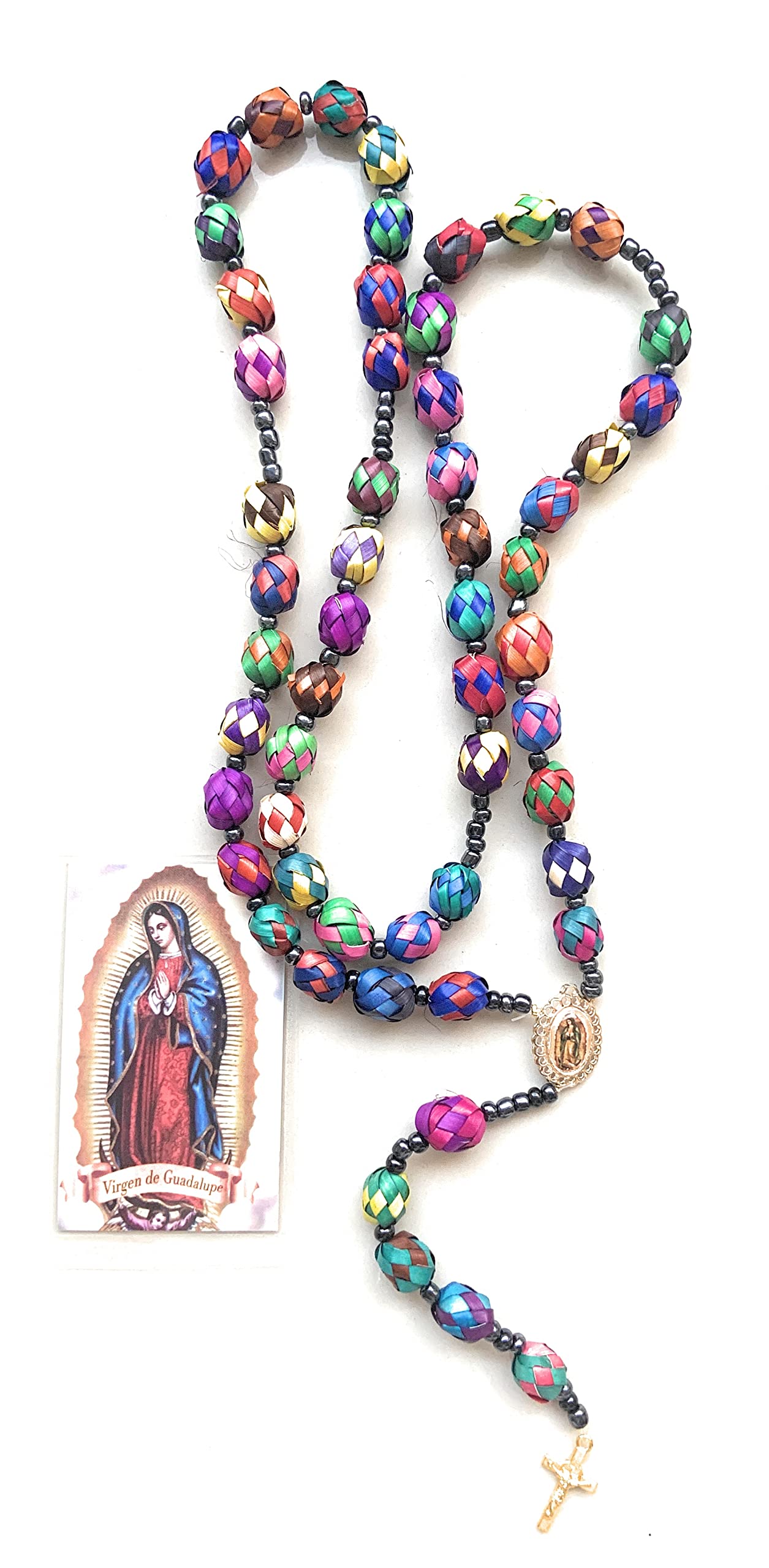 Handmade our lady of Guadalupe (image charm) colored palm rosary with christian catholic prayer in spanish long necklace rosario de palma con dije de imagen de virgen de Guadalupe religious jewelry