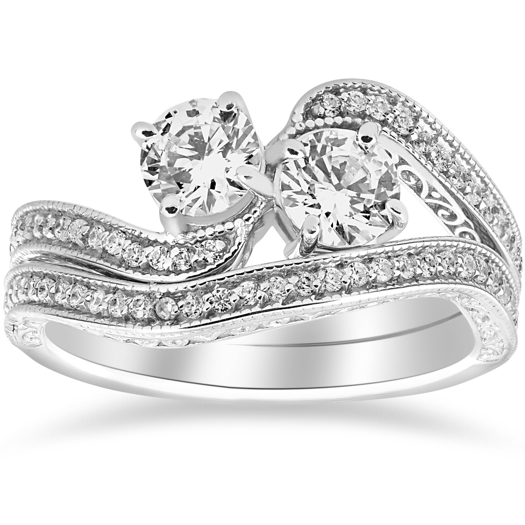 1 1/2ct Two Stone Forever Us Vintage Diamond Engagement Wedding Ring Set 14k Whi - Size 4.5