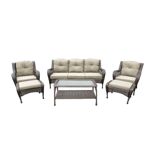 Jeco 6 Piece Wicker Seating Set with Tan Cushions, Espresso