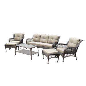 Jeco 6 Piece Wicker Seating Set with Tan Cushions, Espresso