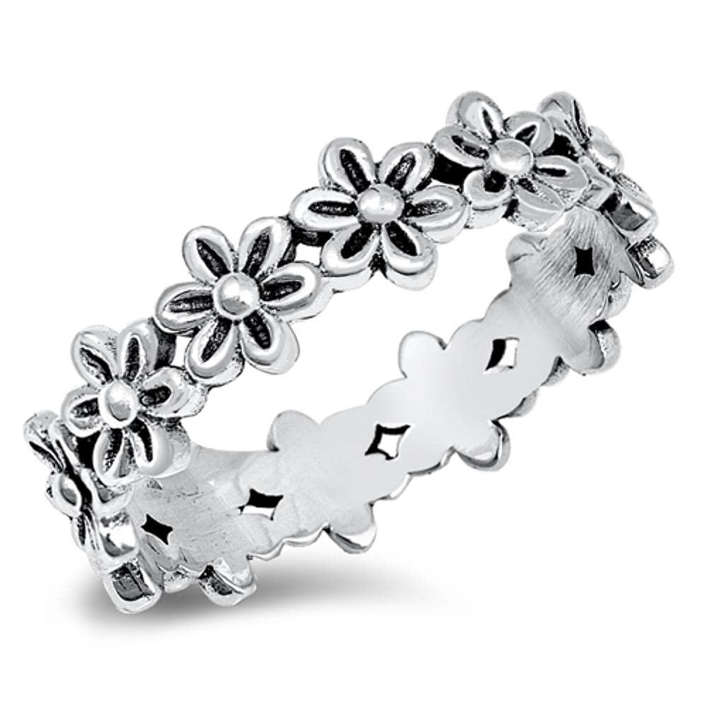 Plumeria Flower Eternity Promise Ring .925 Sterling Silver Daisy Band Size 8