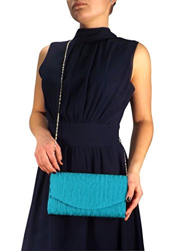 Peach Couture Womens Vintage Satin Pleated Envelope Evening Cocktail Wedding Party Handbag Clutch (Teal)