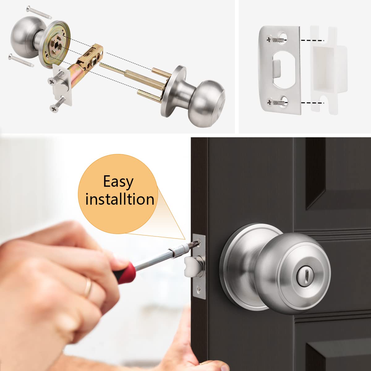 Probrico Brushed Nickel Bed/Bath Knobs Keyless Privacy Interior Doors Locksets, 5 Pack