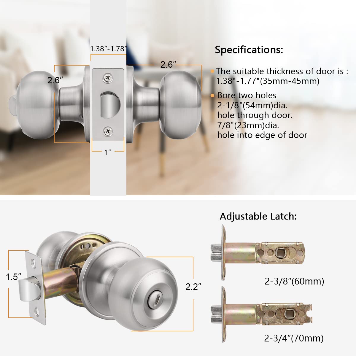 Probrico Brushed Nickel Bed/Bath Knobs Keyless Privacy Interior Doors Locksets, 5 Pack