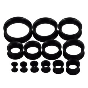 qmcandy 26pcs 8g-1" black thin silicone double flared hollow flexible ear tunnels kit ear stretching set (13 pairs)