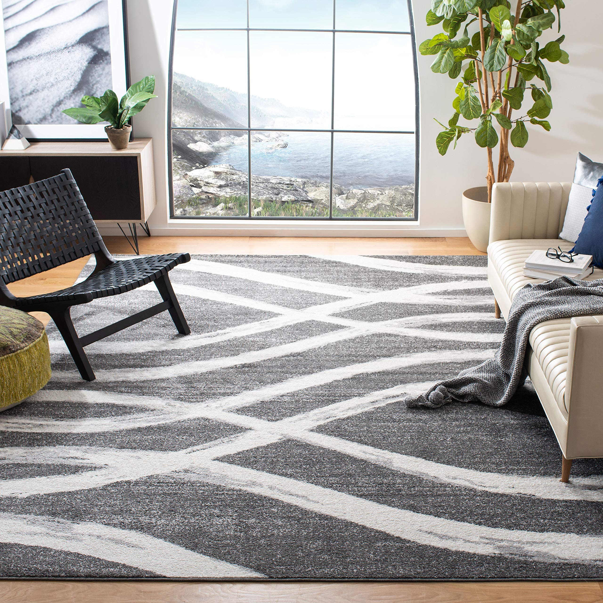 SAFAVIEH Adirondack Collection Area Rug - 6' x 9', Charcoal & Ivory, Modern Wave Distressed Design, Non-Shedding & Easy Care, Ideal for High Traffic Areas in Living Room, Bedroom (ADR125R)