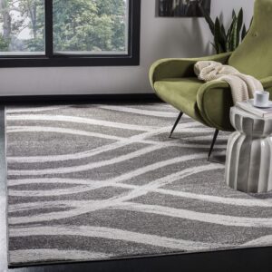 SAFAVIEH Adirondack Collection Area Rug - 6' x 9', Charcoal & Ivory, Modern Wave Distressed Design, Non-Shedding & Easy Care, Ideal for High Traffic Areas in Living Room, Bedroom (ADR125R)