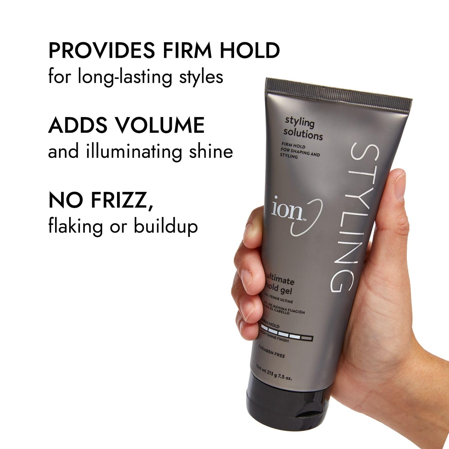 Ion Ultimate Hold Gel, Firm Hold, Adds Volume and Shine, Anti-Frizz, No Flaking, Paraben Free