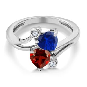 Gem Stone King 925 Sterling Silver Blue Created Sapphire Red Garnet Ring For Women (1.73 Cttw, Heart Shape 6MM, Gemstone September Birthstone, Available In Size 5, 6, 7, 8, 9)