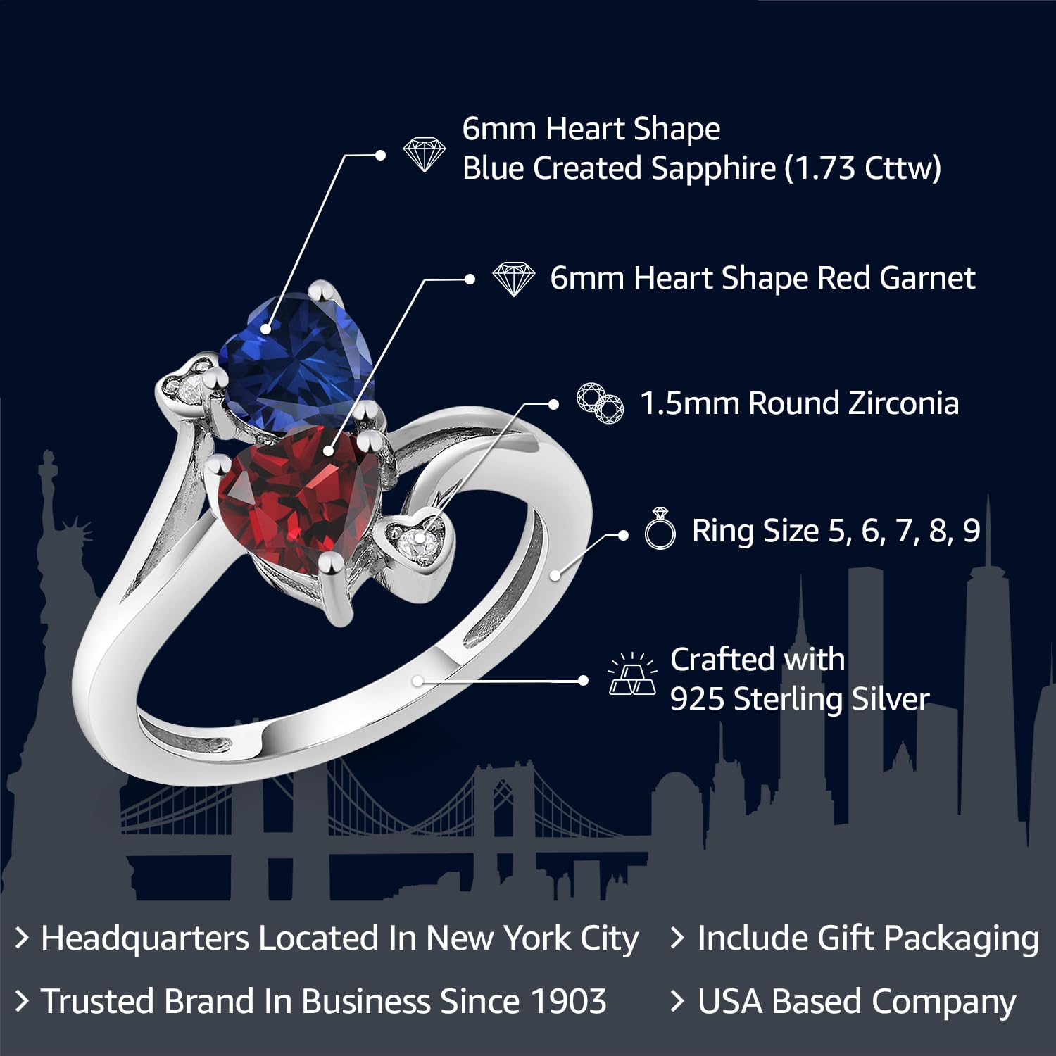 Gem Stone King 925 Sterling Silver Blue Created Sapphire Red Garnet Ring For Women (1.73 Cttw, Heart Shape 6MM, Gemstone September Birthstone, Available In Size 5, 6, 7, 8, 9)