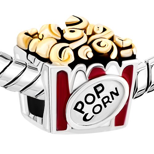 QueenCharms Hot Food Popcorn for Movies European Bead Charm for Bracelet