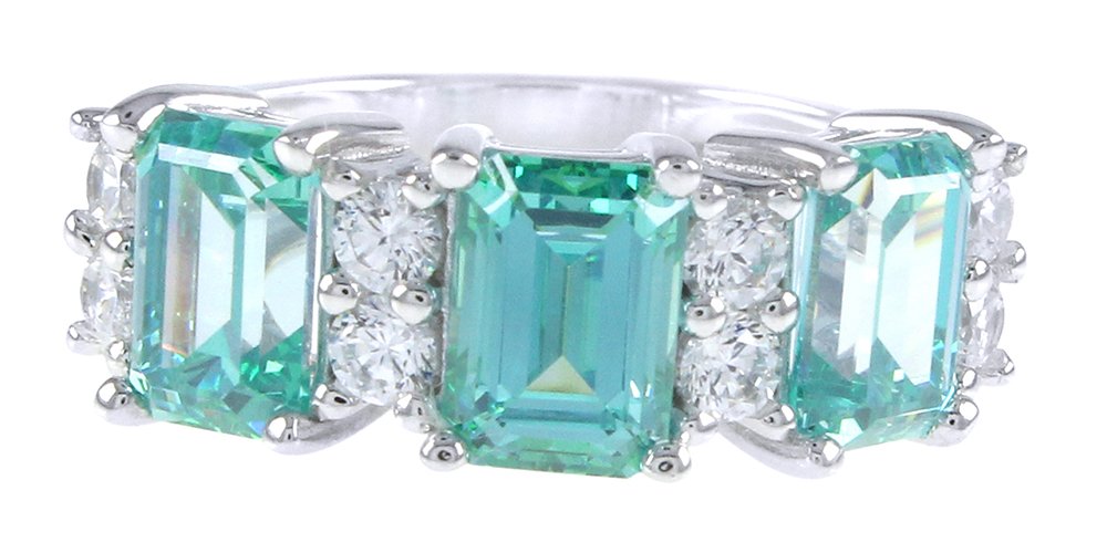 Jewel Zone US Simulated Blue Green Tourmaline & White Cubic Zirconia Three Stone Engagement Ring in Sterling Silver