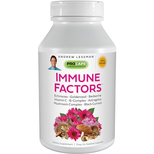 Andrew Lessman Immune Factors 180 Capsules – Echinacea, Goldenseal, Vitamin C, Astragalus, Berberine, Mushroom Blend, Black Currant. Supports and Promotes Immune System and Natural Defenses