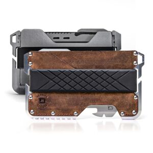 Dango Slim Minimalist Wallet for Men - RFID Blocking - Leather + Multi-Tool, Brown Rawhide/Raw Aluminum