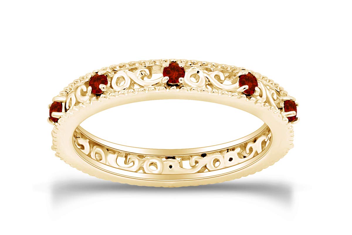 Jewel Zone US Round Cut Simulated Red Garnet 3.25 MM Stackable Ring in 14K Yellow Gold Over Sterling Silver