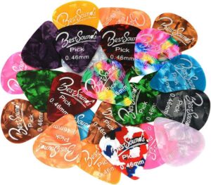 48 pack thin guitar picks, mixed colorful celluloid guitar picks & unique guitar gift for acoustic guitar, bass and electric guitar (0.46mm)