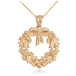 sideways crosses fine 10k gold christmas wreath w/ribbon bow pendant necklace, 16"