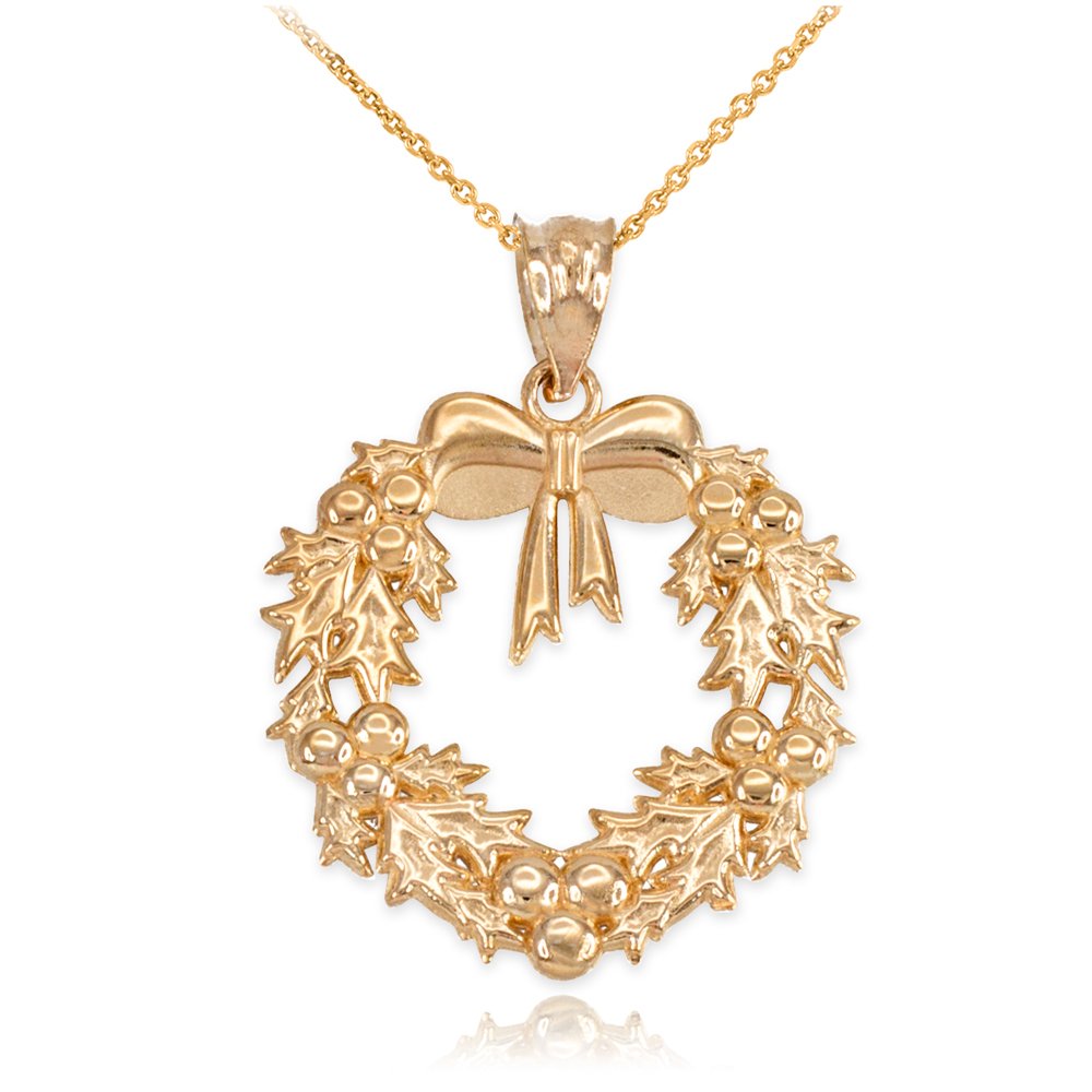 Sideways Crosses Fine 10k Gold Christmas Wreath w/Ribbon Bow Pendant Necklace, 16"