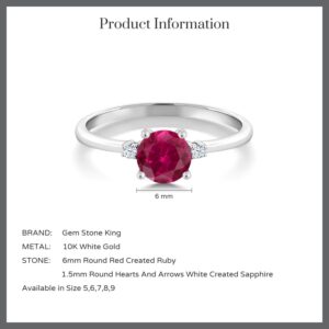 Gem Stone King 10K White Gold Red Created Ruby and White Created Sapphire Solitaire Engagement Ring For Women (1.03 Cttw, Round 6MM, Gemstone July Birthstone, Size 5)