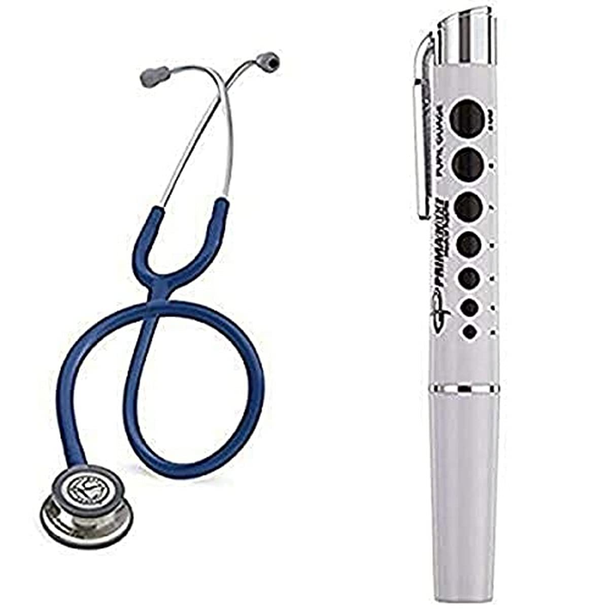 3M Littmann Classic III Stethoscope, Stainless-Steel-Finish Chestpiece, Navy Blue Tube, 27 inch, 5622 and Primacare DL-9325 Reusable LED Penlight with Pupil Gauge bundle