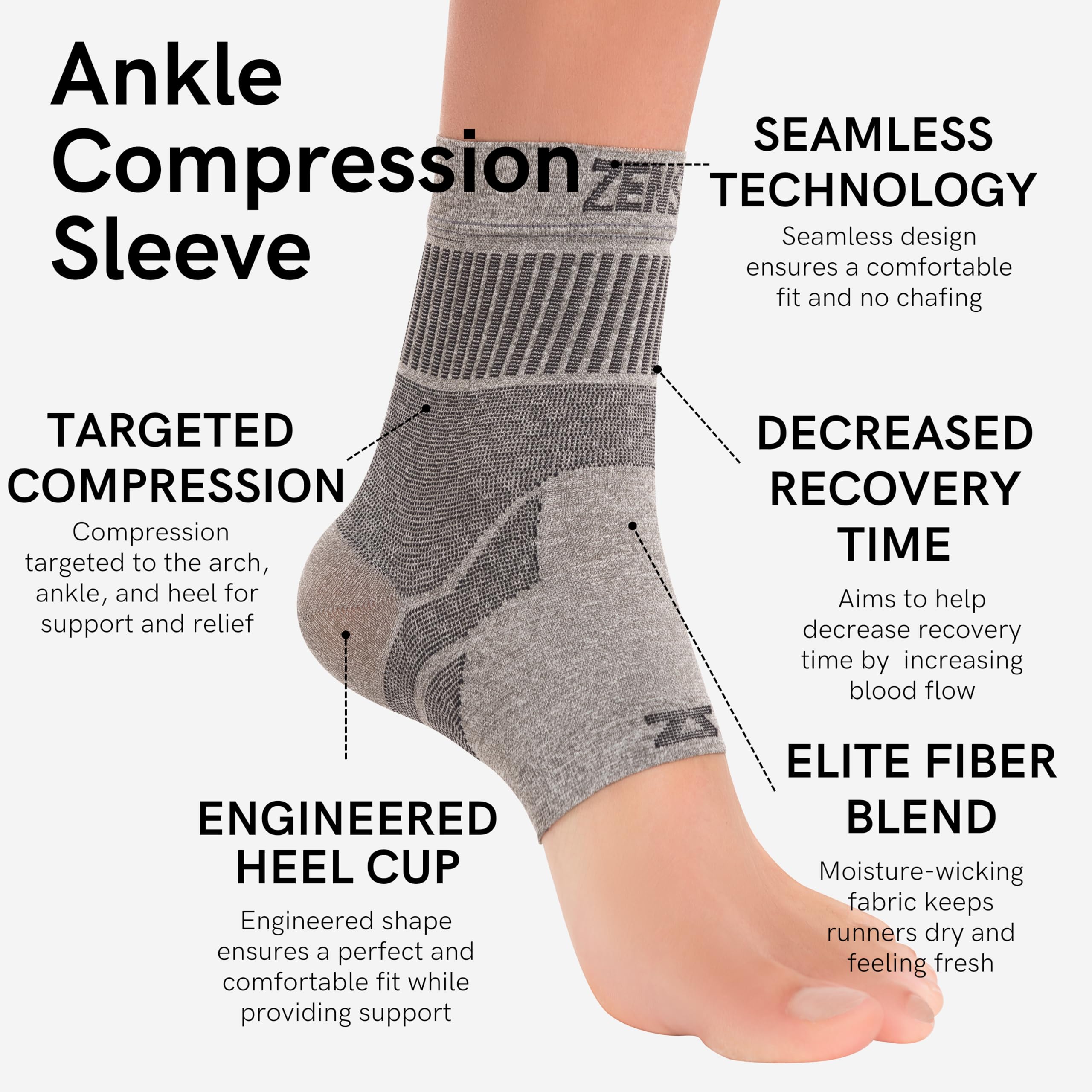 Zensah Ankle Support - Compression Ankle Brace - Great for Running, Soccer, Volleyball, Sports - Ankle Sleeve Helps Sprains, Tendonitis, Pain, Heather Grey, Large