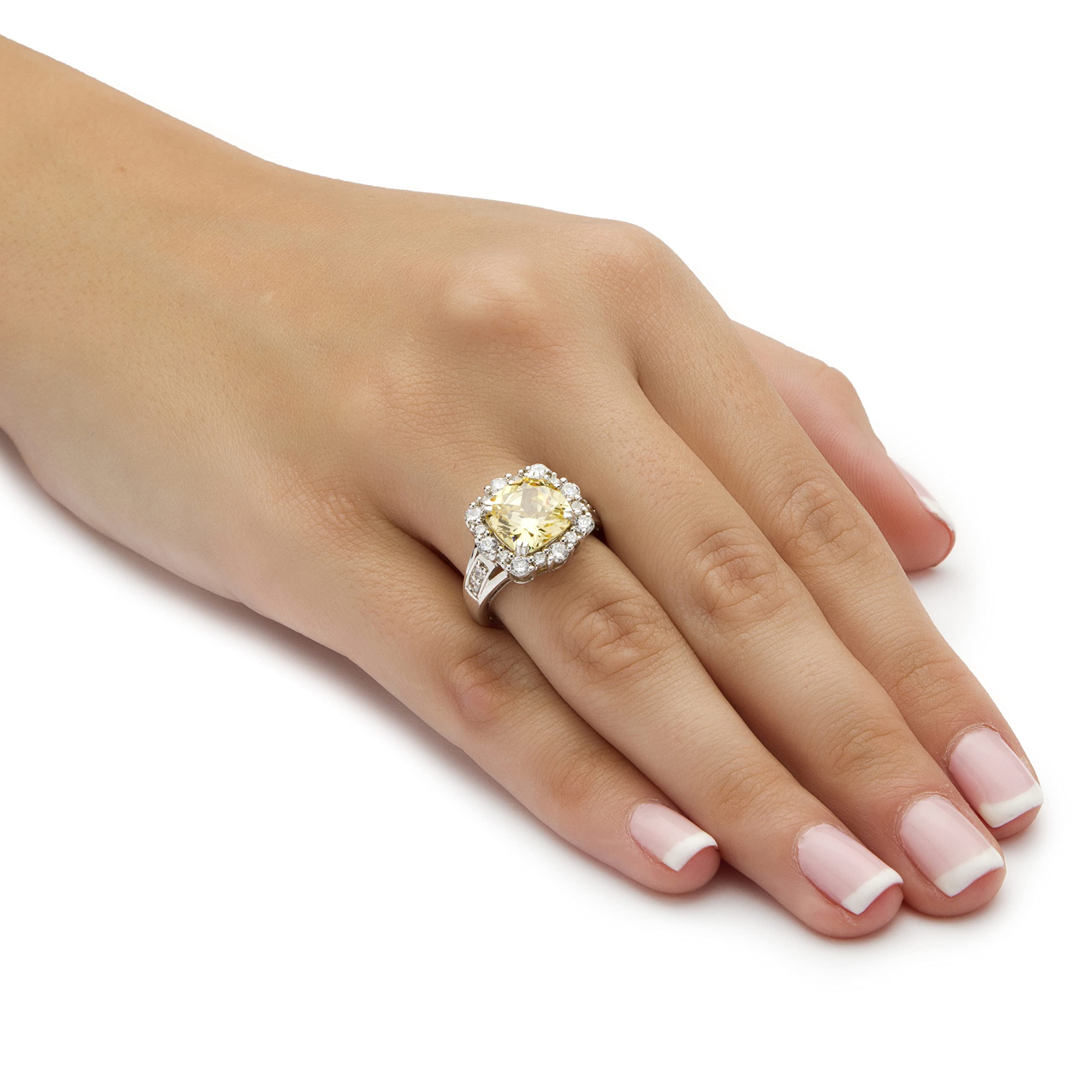 PalmBeach Platinum-plated Sterling Silver Cushion Canary Cubic Zirconia Halo Ring Sizes 5-10 Size 10