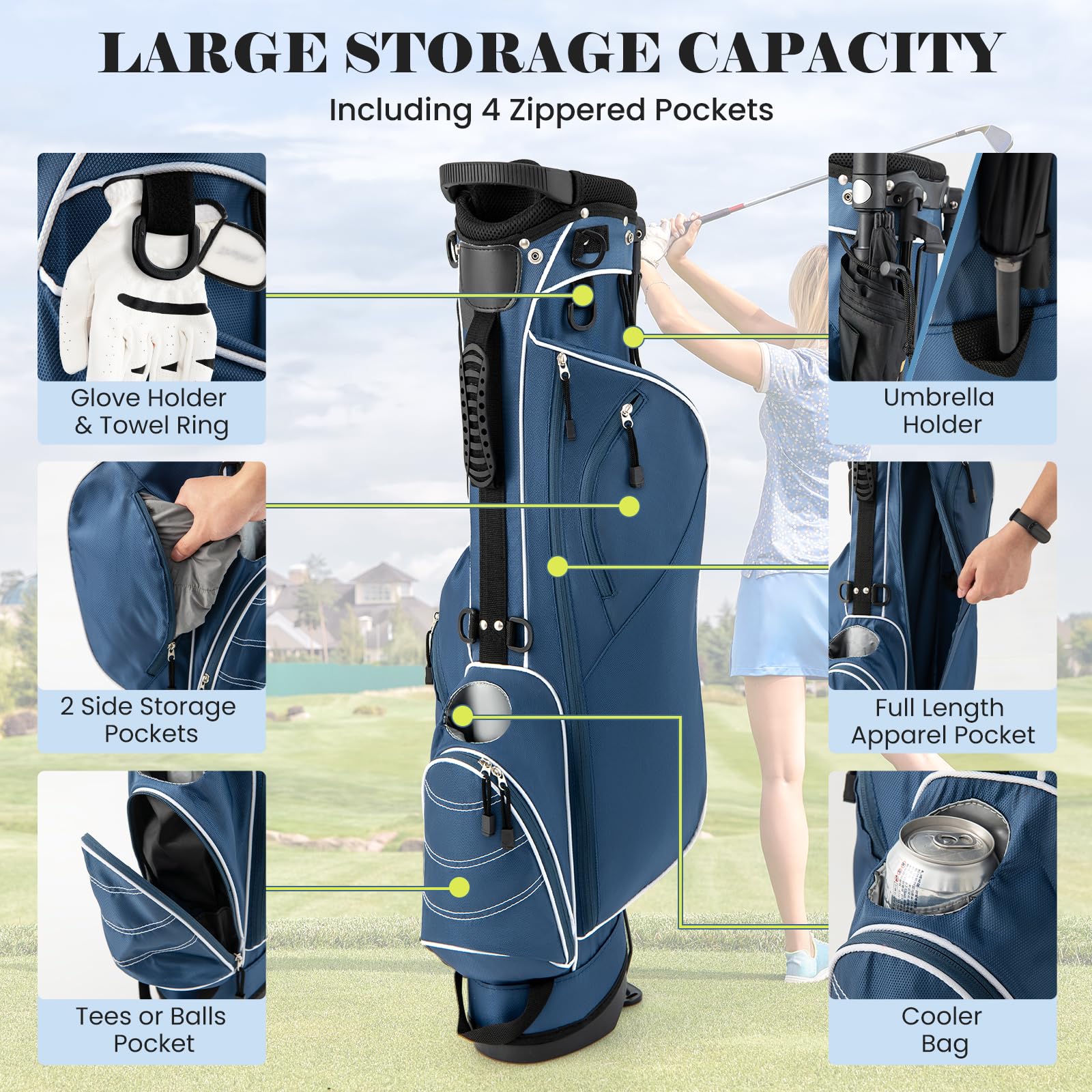 Tangkula Golf Stand Bag Lightweight Organized Golf Bag Easy Carry Shoulder Bag with 4 Way Dividers and 4 Pockets for Extra Storage Sunday Golf Bag, Blue