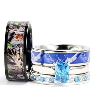 4pcs His Hers Camo Blue Radiant Stainless Steel Sterling Silver Wedding Ring Set (Size His 08, Hers 06)