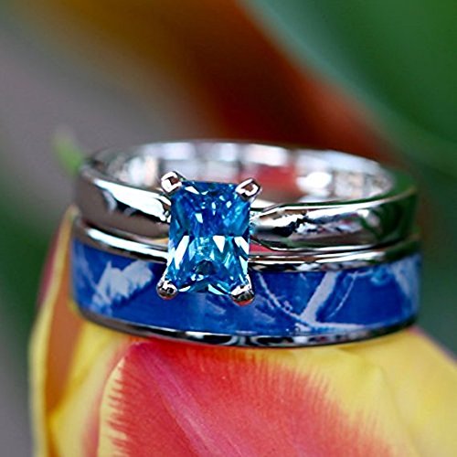 4pcs His Hers Camo Blue Radiant Stainless Steel Sterling Silver Wedding Ring Set (Size His 08, Hers 06)