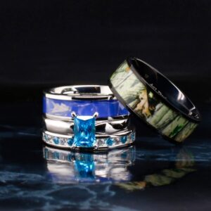 4pcs His Hers Camo Blue Radiant Stainless Steel Sterling Silver Wedding Ring Set (Size His 08, Hers 06)