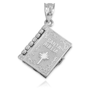 Claddagh Gold Religious Jewelry Sterling Silver 3D Santa Biblia Book w/Lord's Prayer in Spanish Charm Pendant