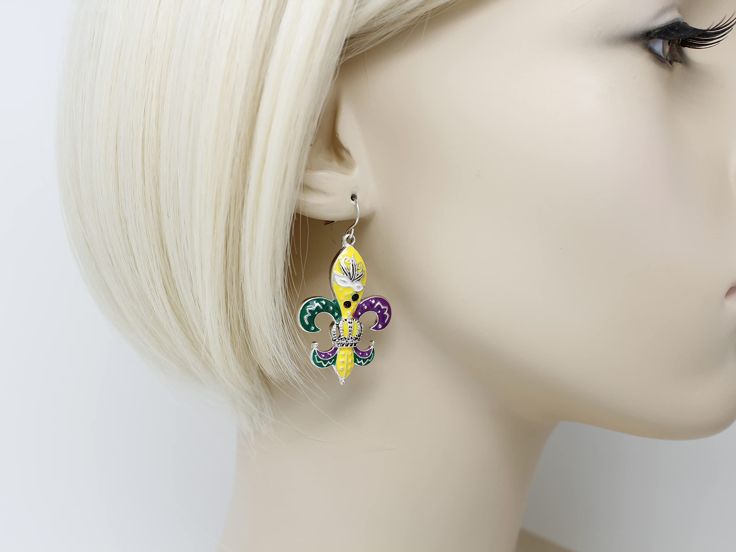 Mardi Gras Theme French Hook Dangle Earrings (Silver Tone)