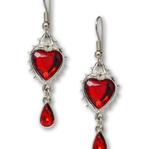 Valentines' Day Red Heart Romance Dangle Earrings Austrian Crystals Thorns and Roses Silver Finish