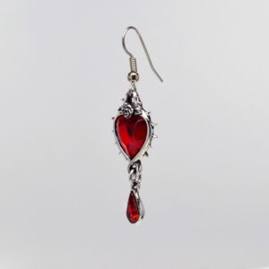 Valentines' Day Red Heart Romance Dangle Earrings Austrian Crystals Thorns and Roses Silver Finish