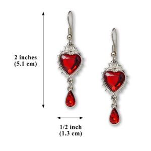 Valentines' Day Red Heart Romance Dangle Earrings Austrian Crystals Thorns and Roses Silver Finish