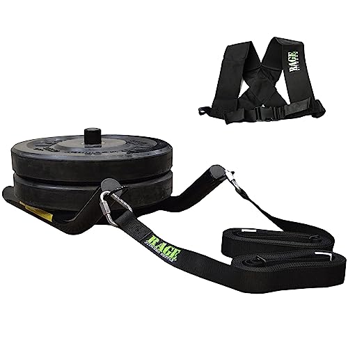 Rage Fitness R2 Weight Training Pull Sled with Harness. 90 LBS Capacity & 6.5 Feet Strap. Power Speed Sled Ideal for Endurance and Weight Training. Compatible with Bumper Plates(Black)