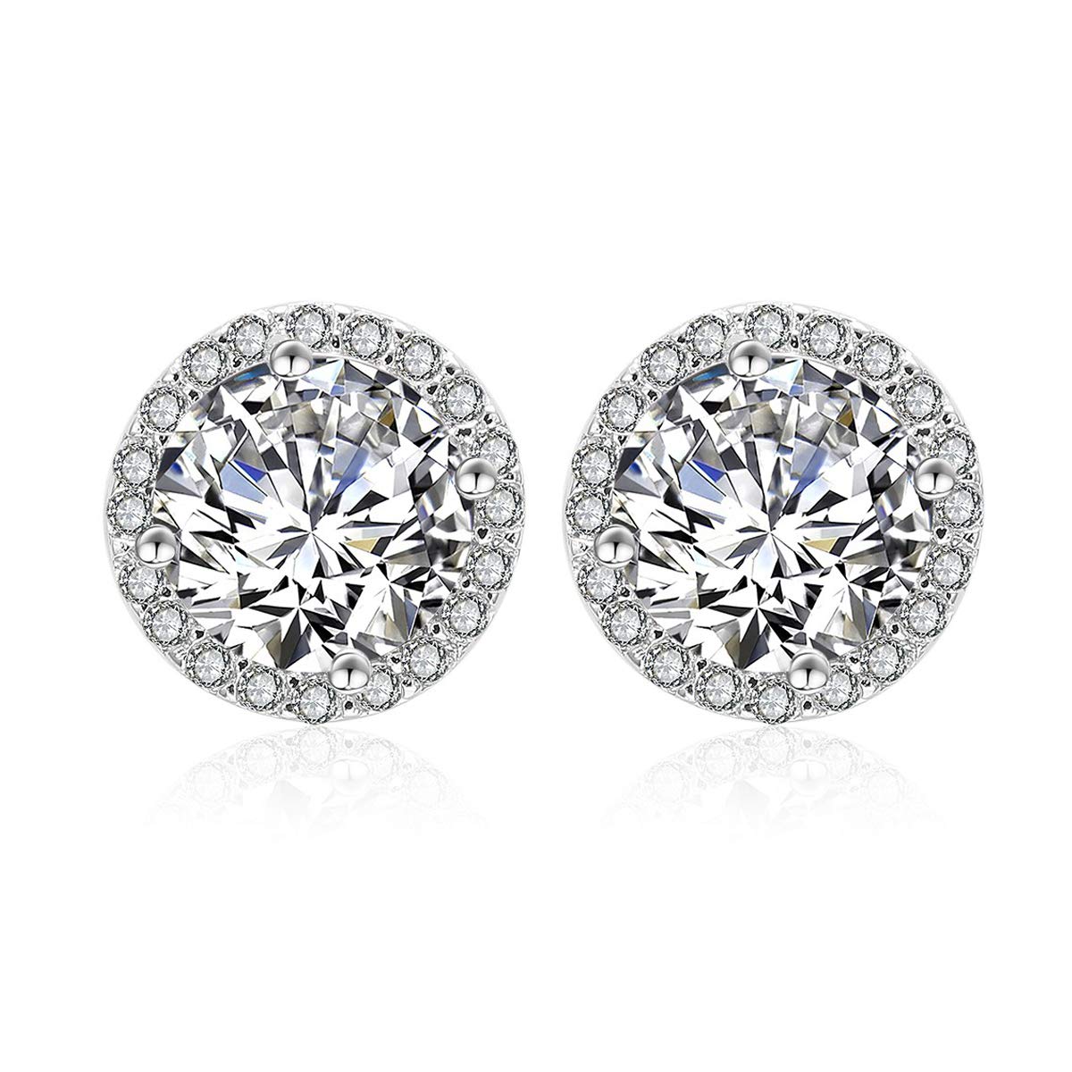 Silver Cubic Zirconia Stud Earrings - 925 Sterling Silver Crystal Round Diamond Rhinestone CZ Halo Studs Earrings for Women Men Everyday Earrings