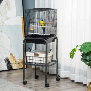 Pawhut 45-inch Metal Indoor Bird Cage, Parrot Cage, Bird Aviary with Detachable Rolling Stand, Storage Basket, and Accessories - Black