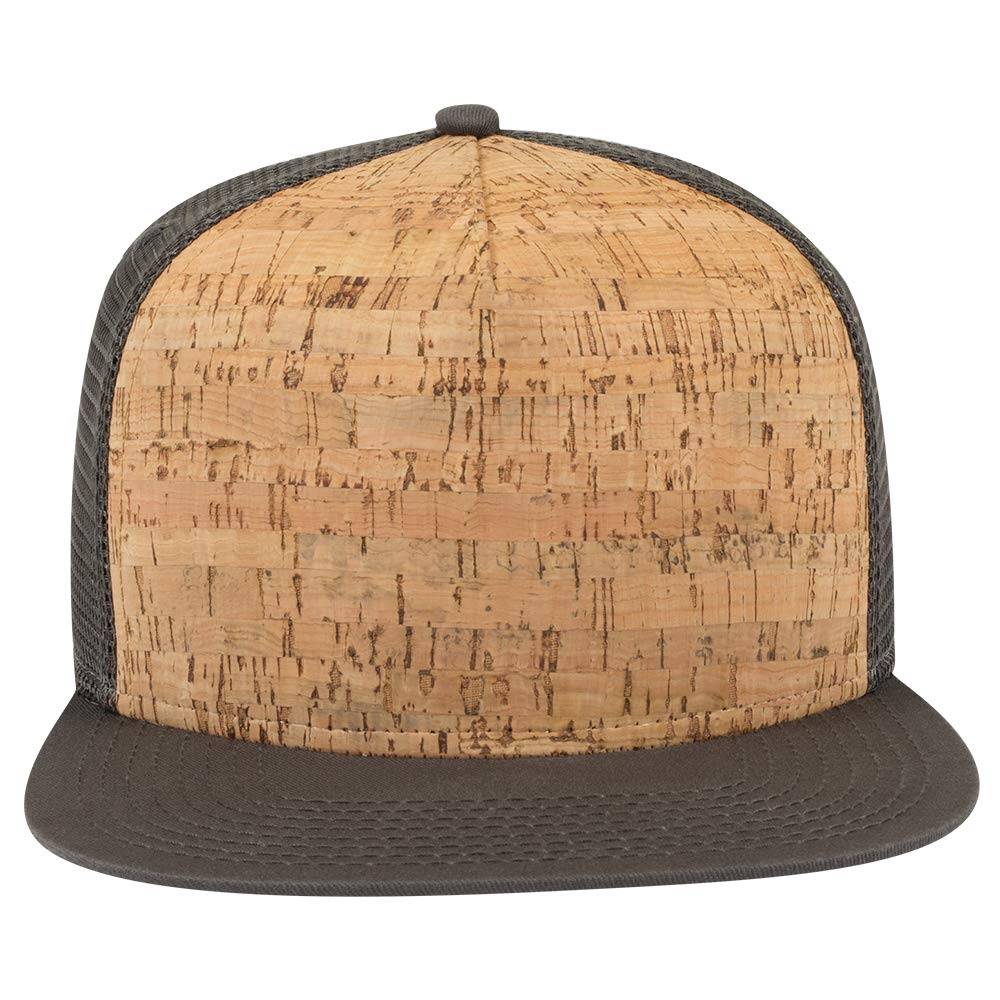 OTTO Cork Flat Visor SNAP 5 Panel Mesh Back Trucker Snapback Hat - Char. Gray/Cork/Char. Gray