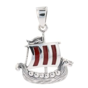 Jewelry Trends Norse Viking Ship Sterling Silver Pendant with Red Striped Sail