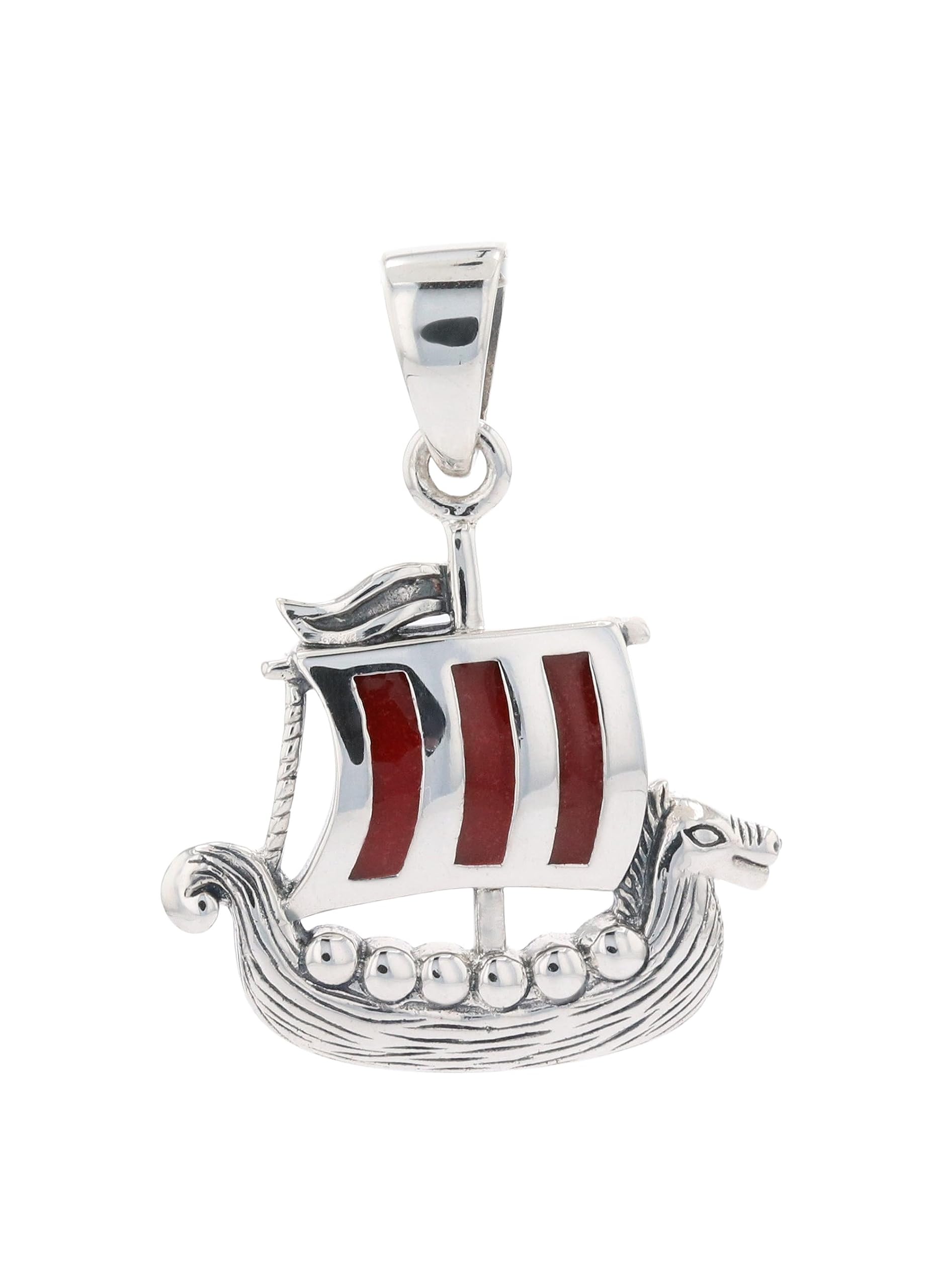 Jewelry Trends Norse Viking Ship Sterling Silver Pendant with Red Striped Sail