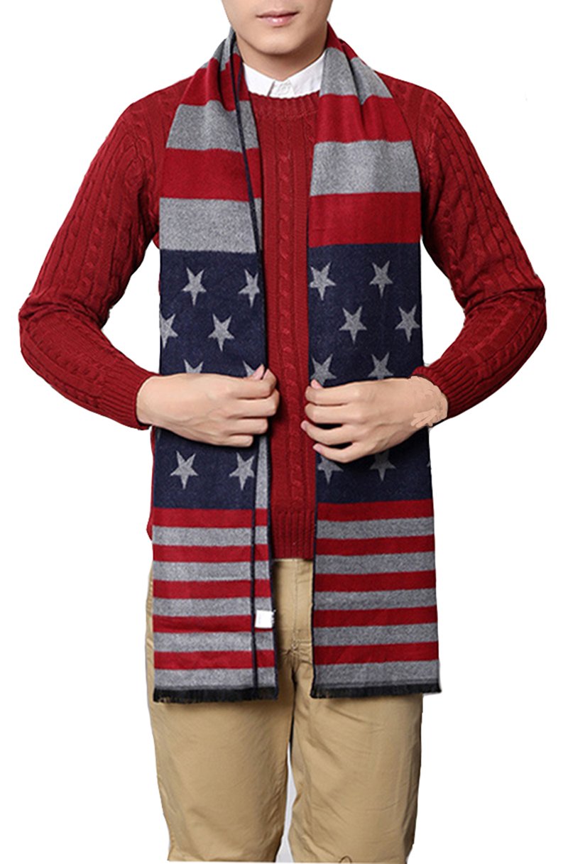 AZYOUNG USA Flag Men’s Winter Warm Knitted Plant Cotton Plaid Color Match Soft Thick Scarf,180cm