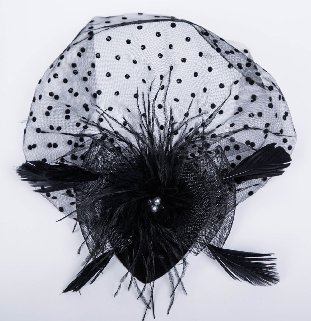 Cizoe Fascinator Hair Clip Pillbox Hat Bowler Feather Flower Veil Wedding Party Hat Tea Hat(2-Black)